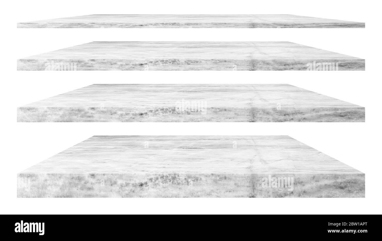 4 empty marble shelves Different levels, isolated on white backgrounds, With clipping paths. Stock Photo