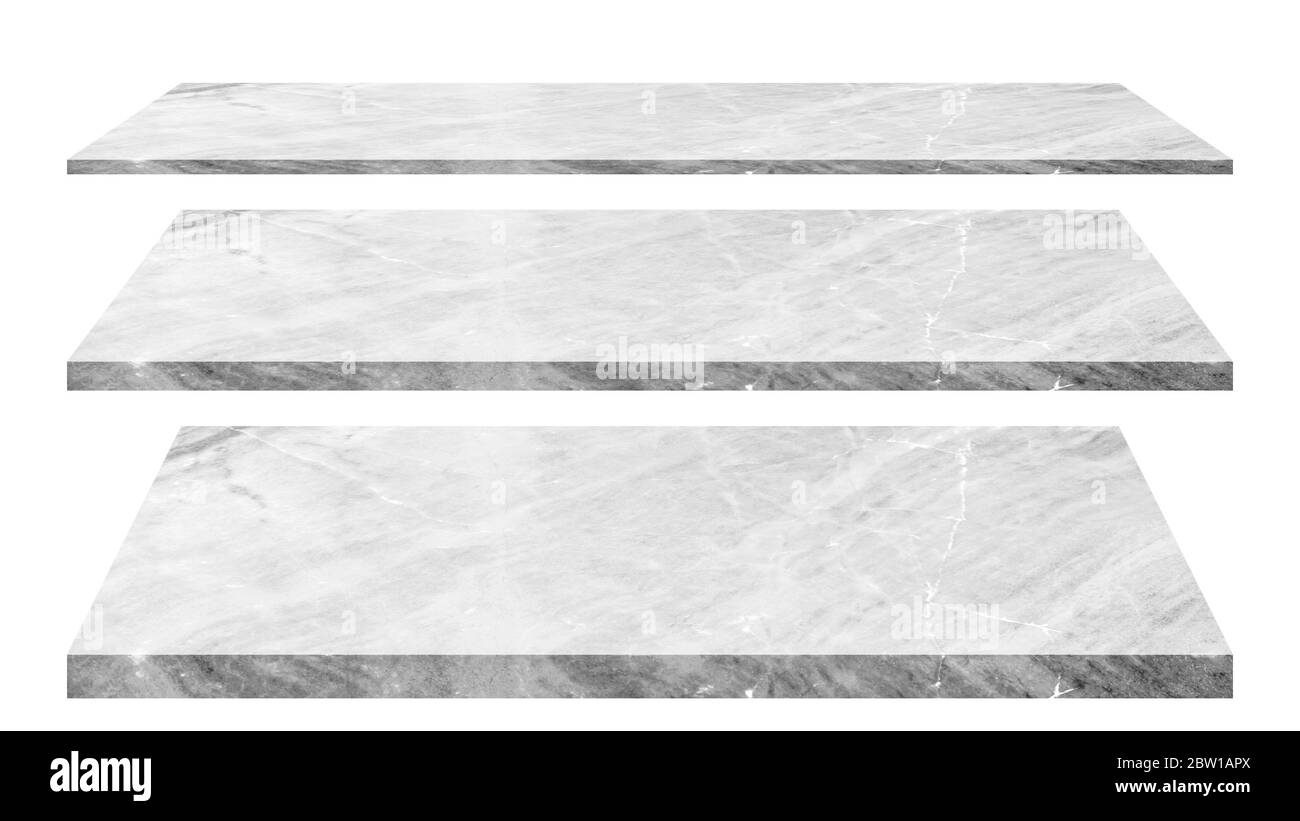 3 empty marble shelves Different levels, isolated on white backgrounds, With clipping paths. Stock Photo
