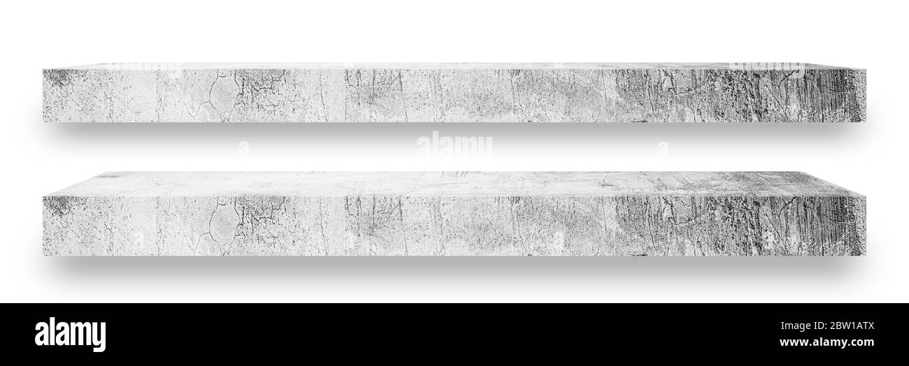 2 Cement shelves in different levels are a classic loft-style suitable for placing products, goods and have a soft shiny thin, beautiful bottom isolat Stock Photo