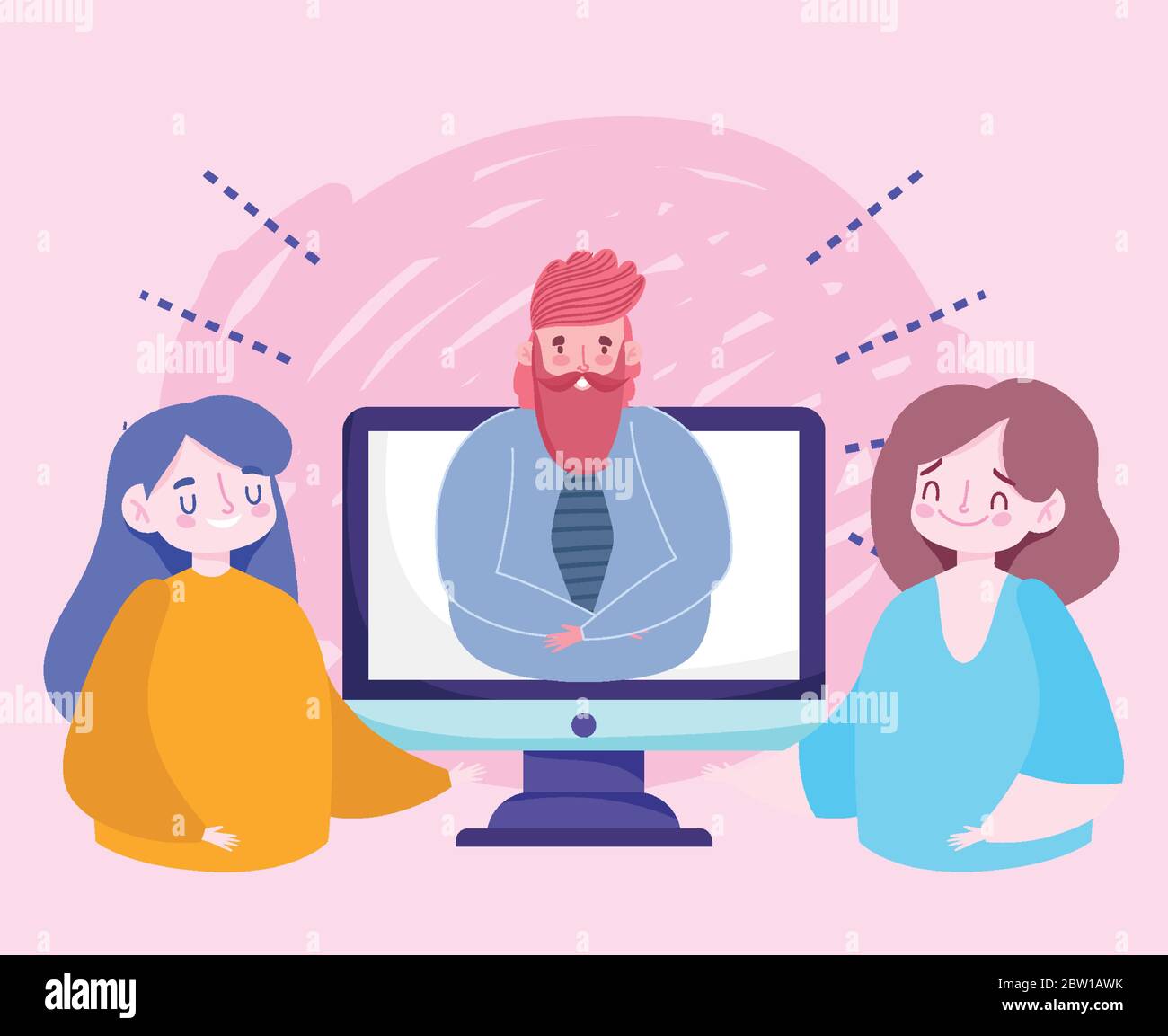 online education male teacher video computer and student girls vector ...