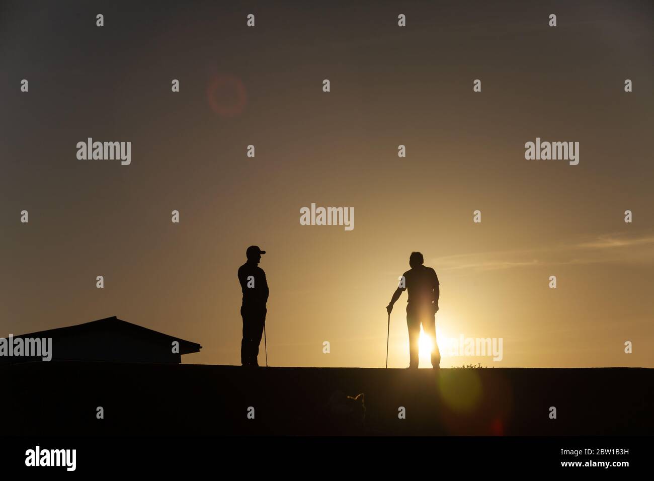 Aberdour, Fife, UK. 29th May, 2020. Marcus Kelman (30) from Dalgety Bay and Andrew Hubble from Dalgety Bay on the first tee at 5.30am on the first day of restrictions being lifted in Scotland Credit: Richard Newton/Alamy Live News Stock Photo