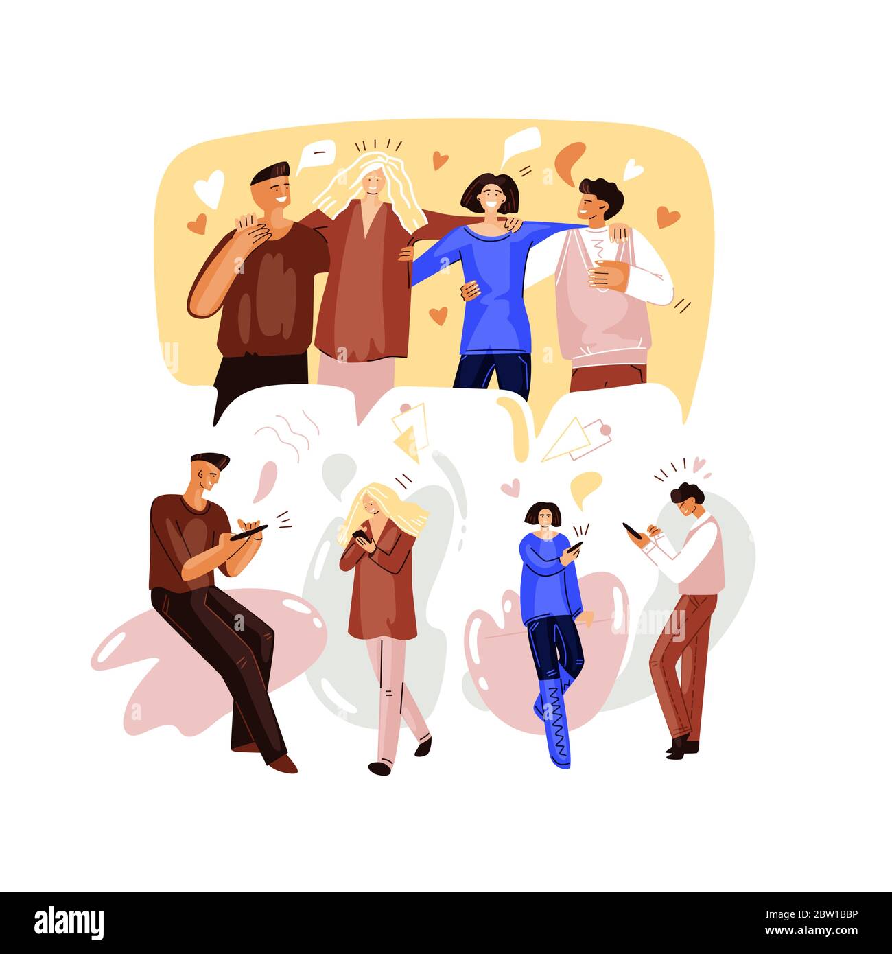 Vector Flat Illustration of Online party concept, birthday, meeting friends on videoconference. People meeting and chatting together in quarantine Stock Vector