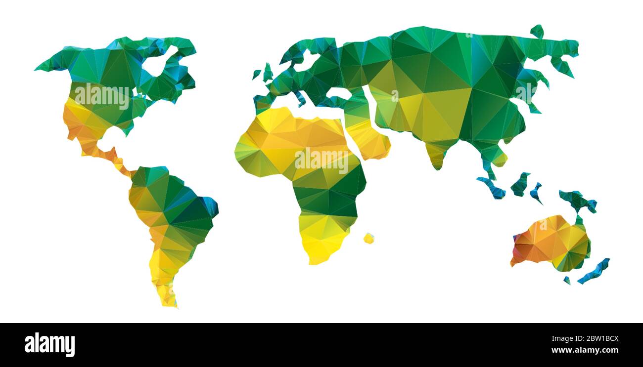Vector polygonal world map. Low poly design with yellow and green colors. Origami planet conceptual illustratio of world map synthesis. Global Stock Vector