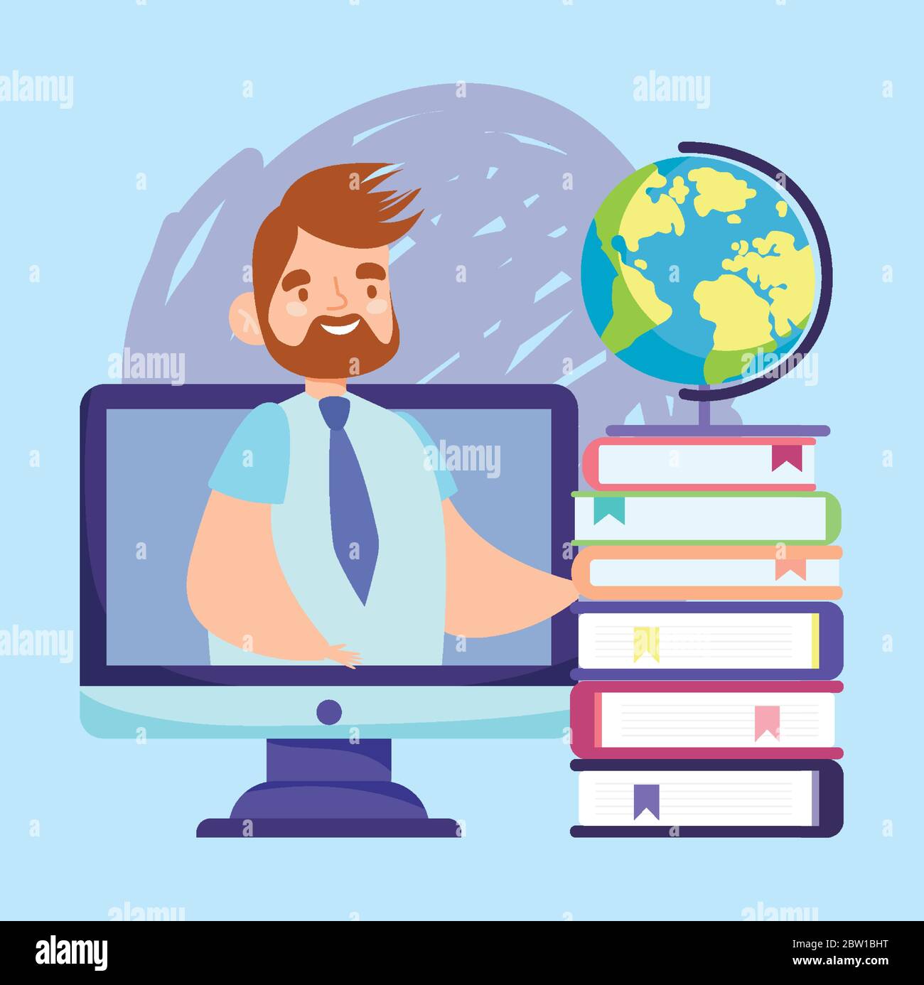 online education teacher video computer stack books and school globe ...