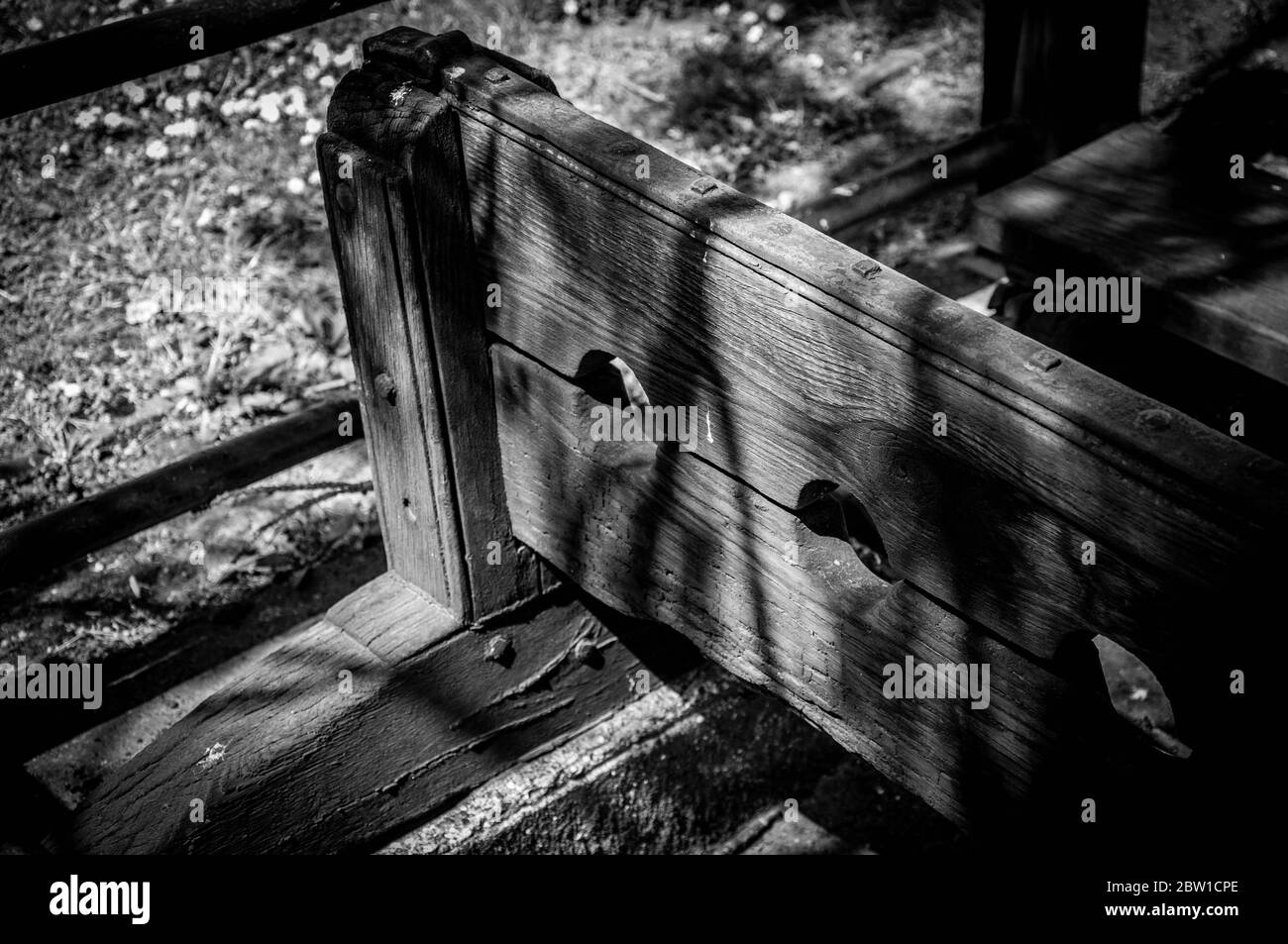 Stocks and Pillory, Pinchbeck, Lincolnshire, close-up black and white Stock Photo