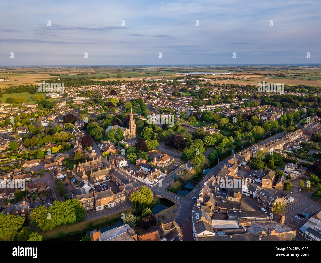 Aerial view of Spalding Town Centre south of the river including South Holland Centre, Church of St Mary and St Nicholas & River Welland Stock Photo