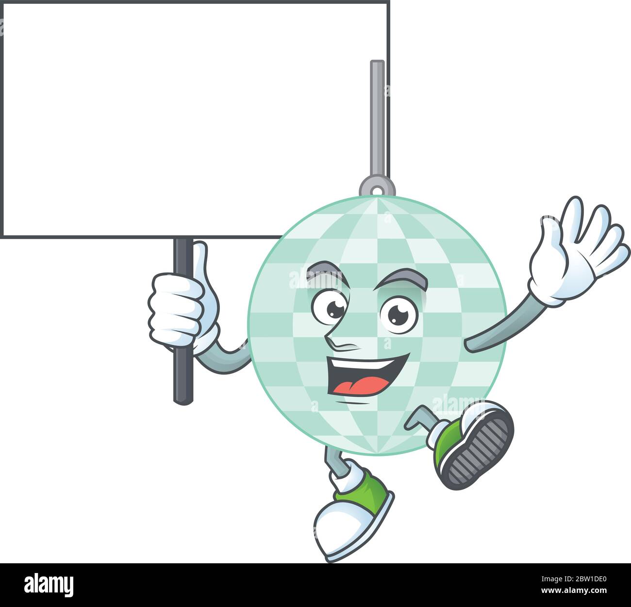 Cute disco ball mascot design smiley with rise up a board Stock Vector