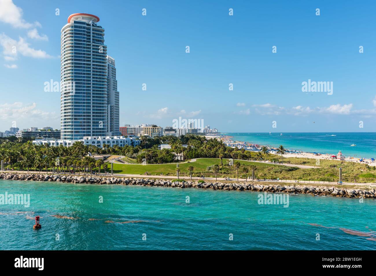 View of Miami Beach and South Point Park in the foreground in Miami, Florida, United States of America. Stock Photo