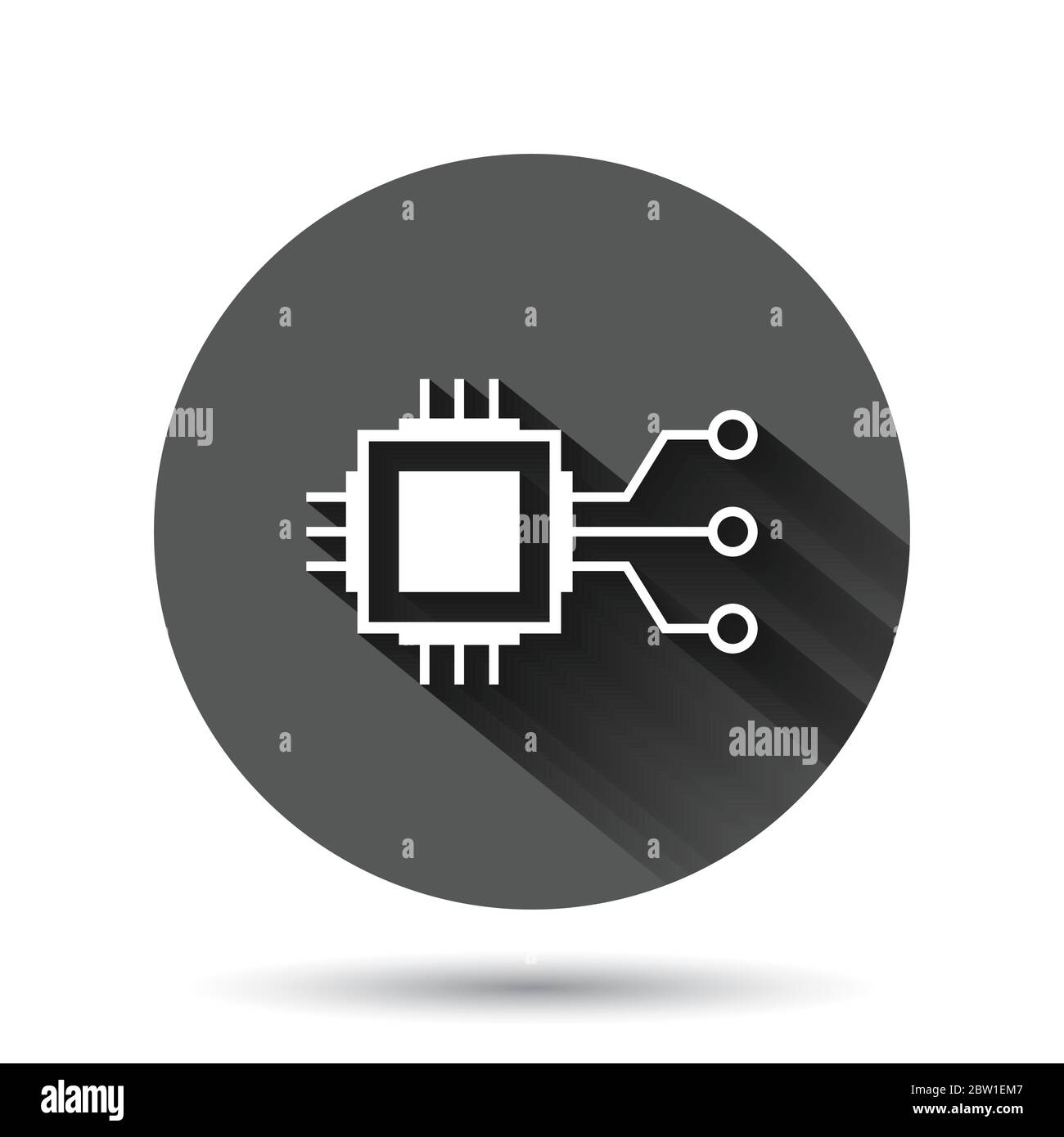 Computer chip icon in flat style. Circuit board vector illustration on black round background with long shadow effect. Cpu processor circle button bus Stock Vector
