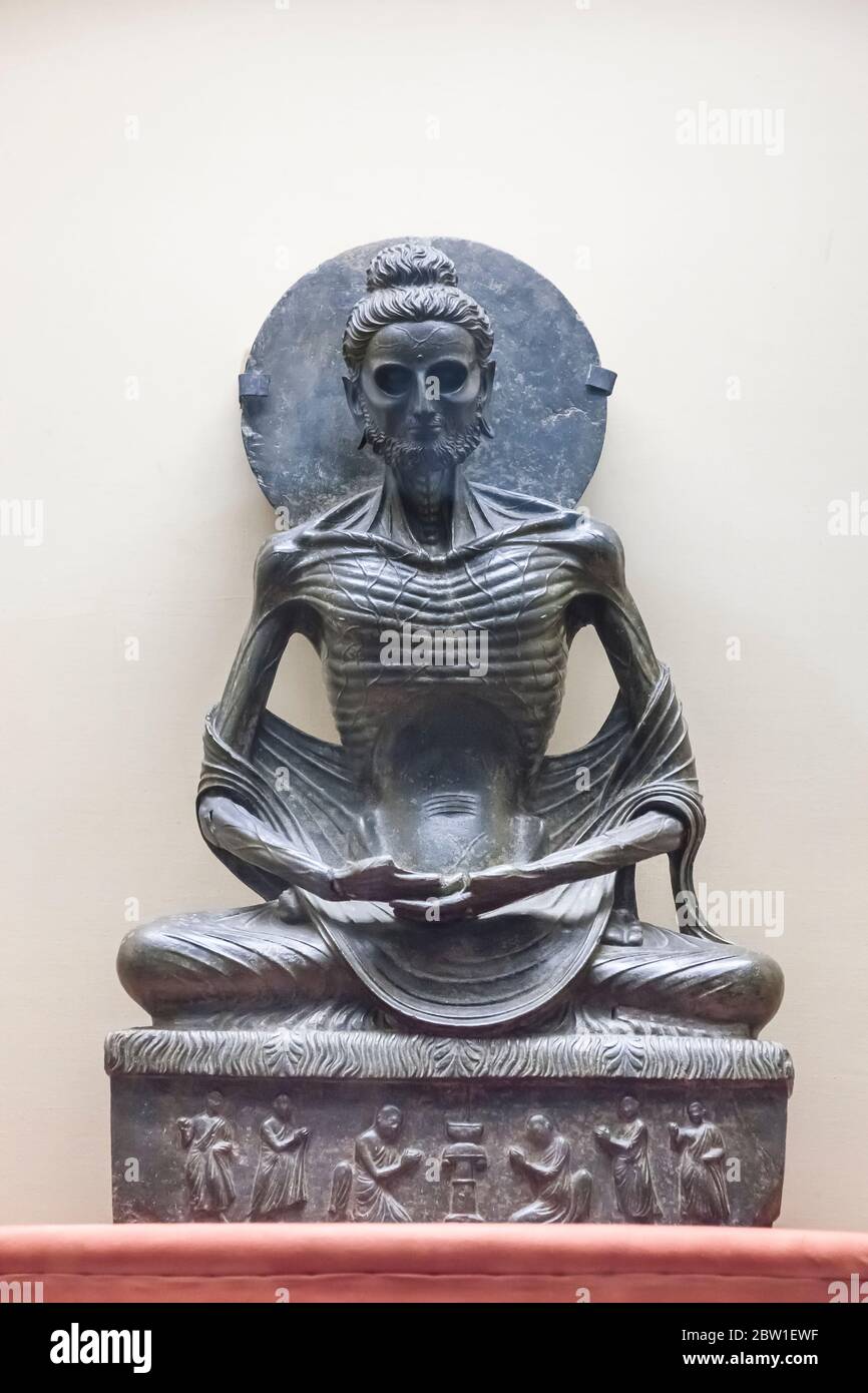 Fasting Buddha statue, Gandhara Buddha, Stone Carving, Lahore Museum