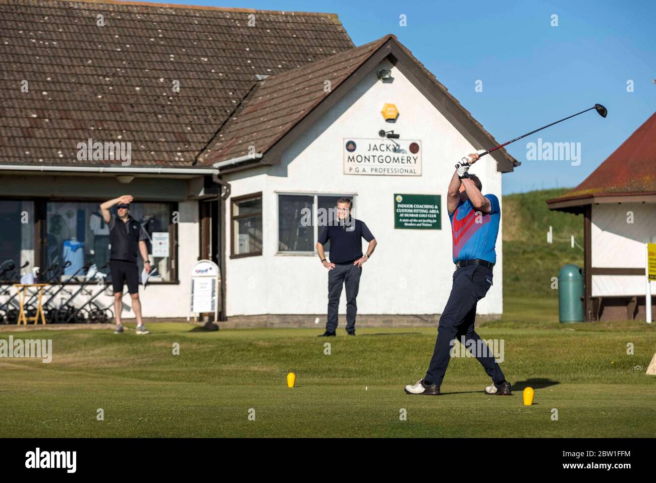 Dunbar, United Kingdom. 29 May, 2020 Pictured: Mike Gilmartin in the first  group to tee off at Dunbar Golf Club. The first golfers, Steven Miller and  Mike Gilmartin, tee off at Dunbar