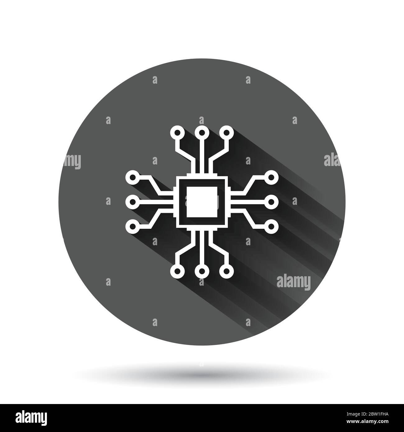 Computer chip icon in flat style. Circuit board vector illustration on black round background with long shadow effect. Cpu processor circle button bus Stock Vector