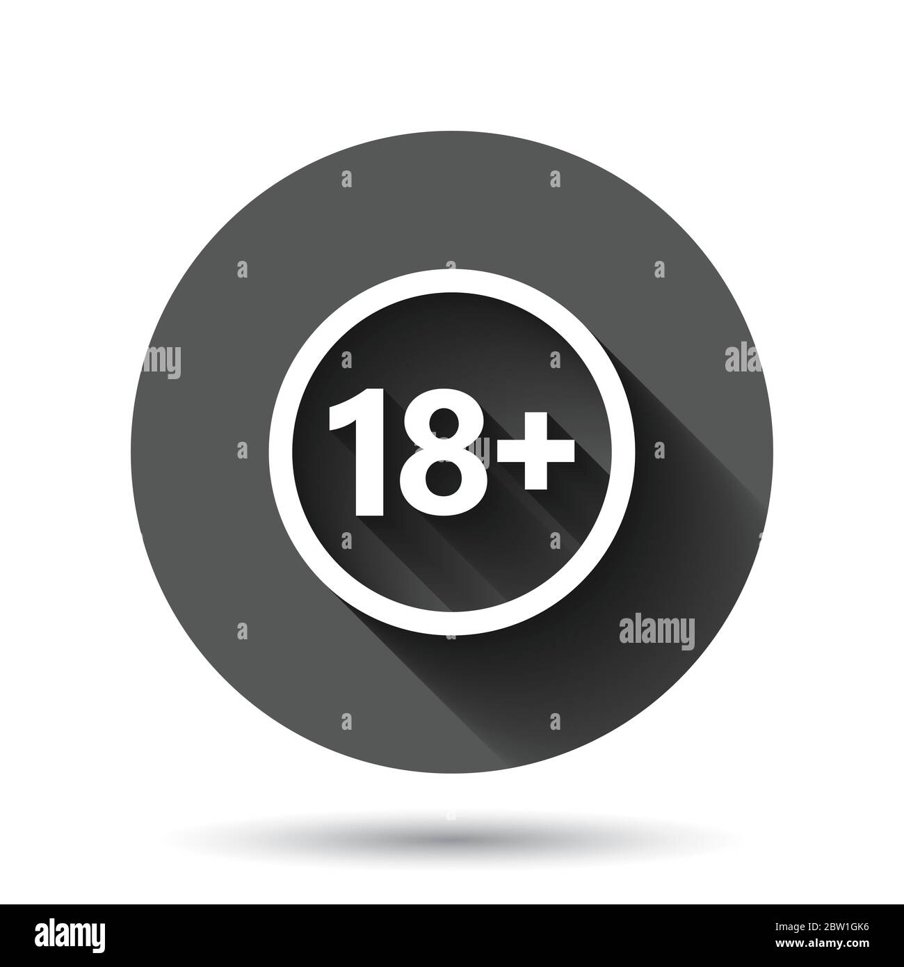 18 plus icon in flat style. Adult only vector illustration on black round background with long shadow effect. Forbidden child circle button business c Stock Vector