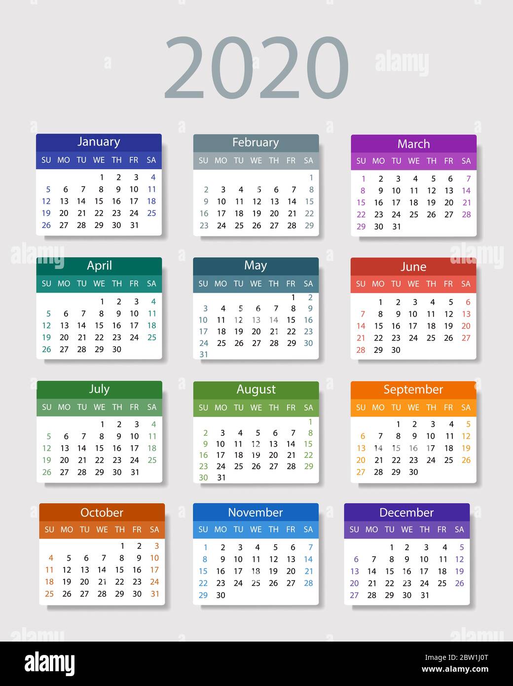 Calendar 2020. Week starts on Sunday.Colorful design on light ...