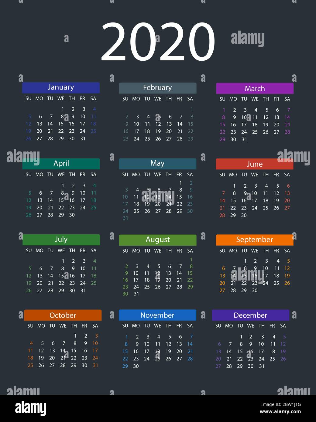 Calendar 2020. Week starts on Sunday.Colorful design on dark background ...