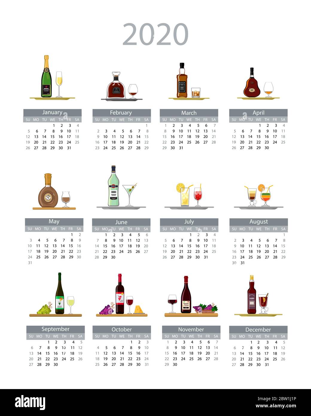 Calendar 2020. Monthly calendar is decorated with cute bottles of alcohol. Week starts on Sunday. Vector illustration Stock Photo