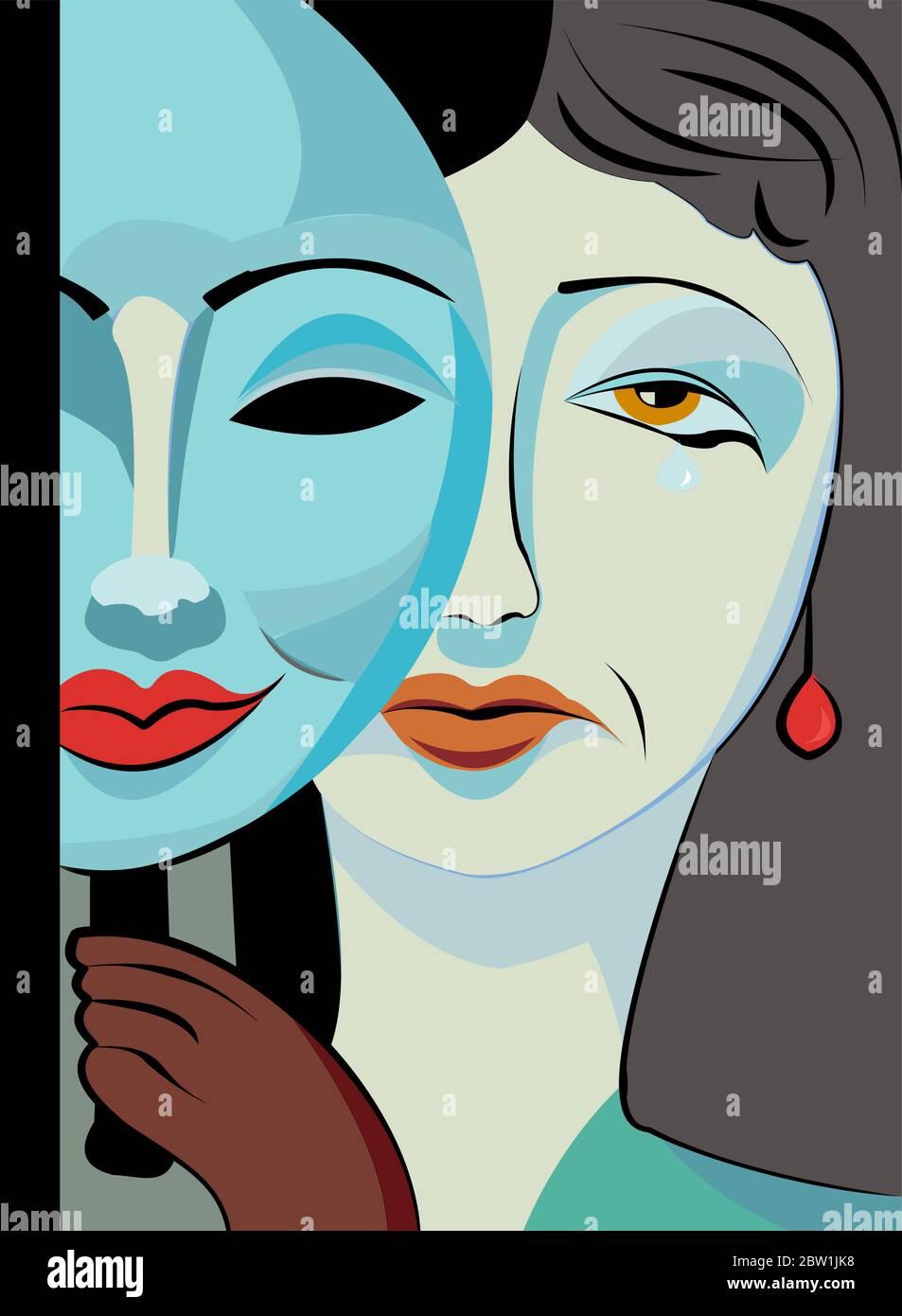 Colorful abstract background, cubism art style, weeping woman with