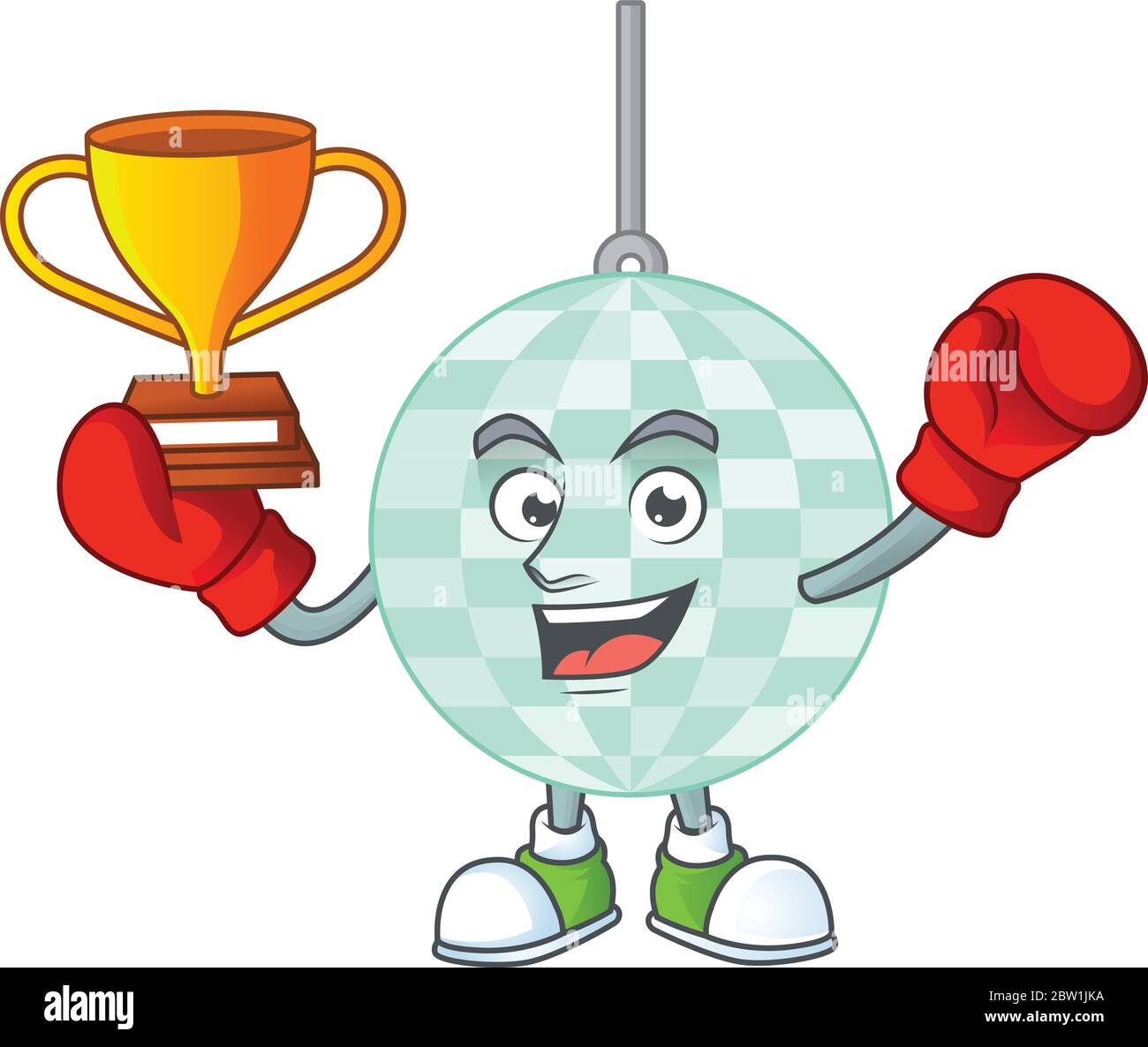 Proudly face of boxing winner disco ball cartoon character design Stock