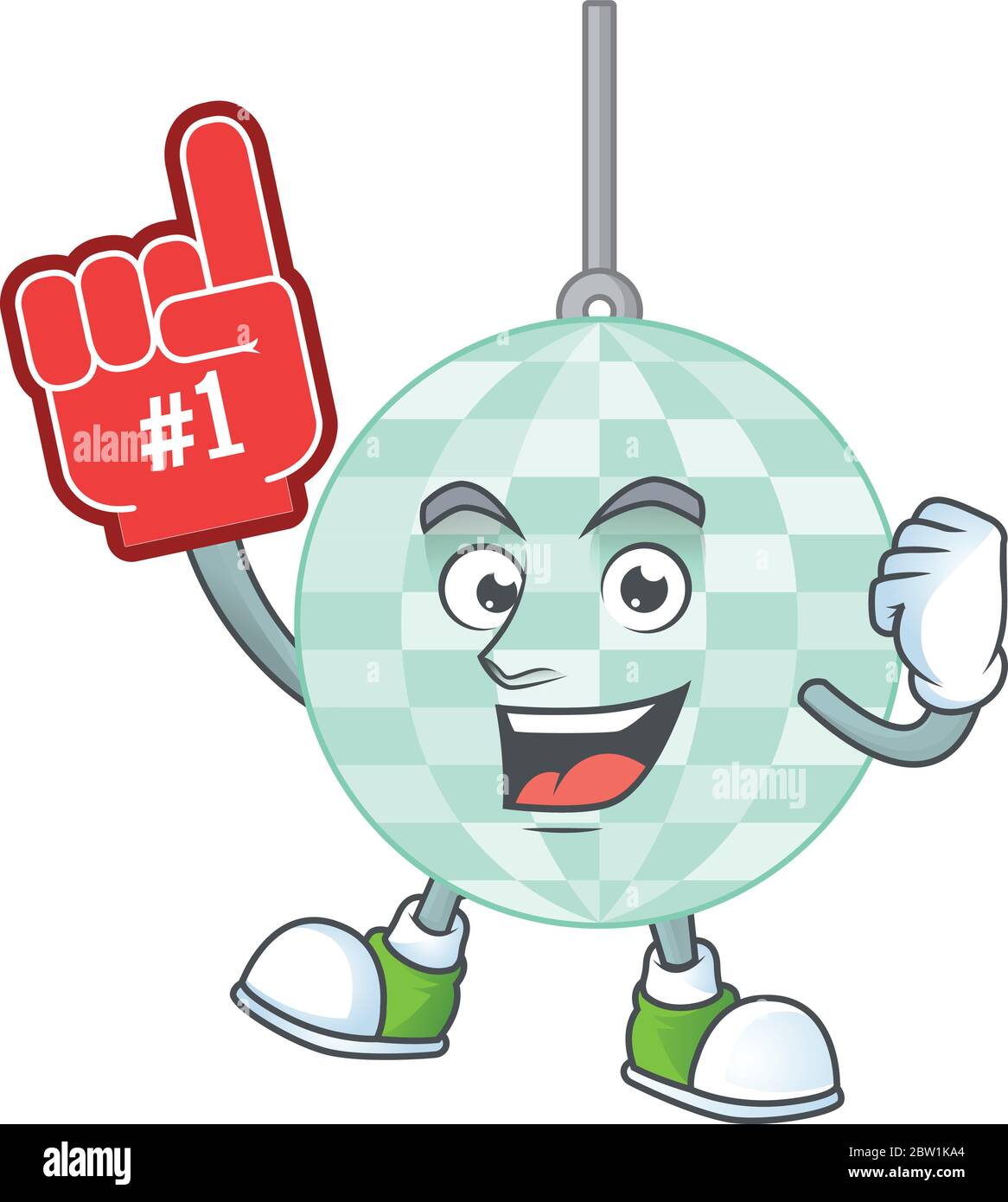 Disco ball Cartoon character design style with a red foam finger Stock