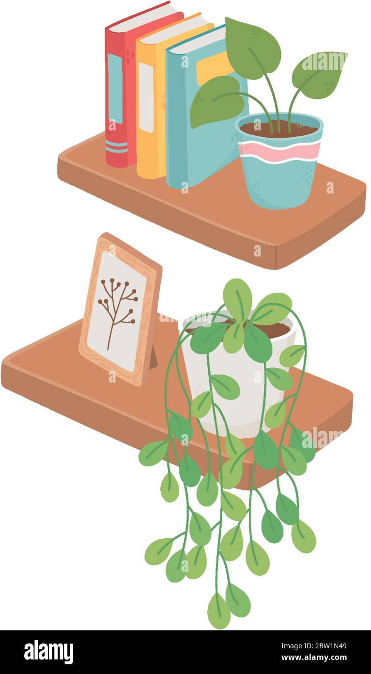 sweet home wooden shelves book frame and plants decoration isolated design vector illustration Stock Vector