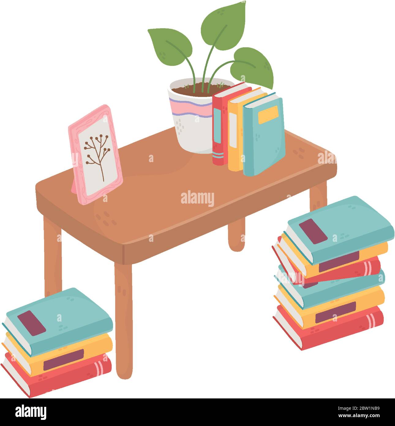 Sweet Home Table With Books Frame Potted Plants On Carpet Isometric