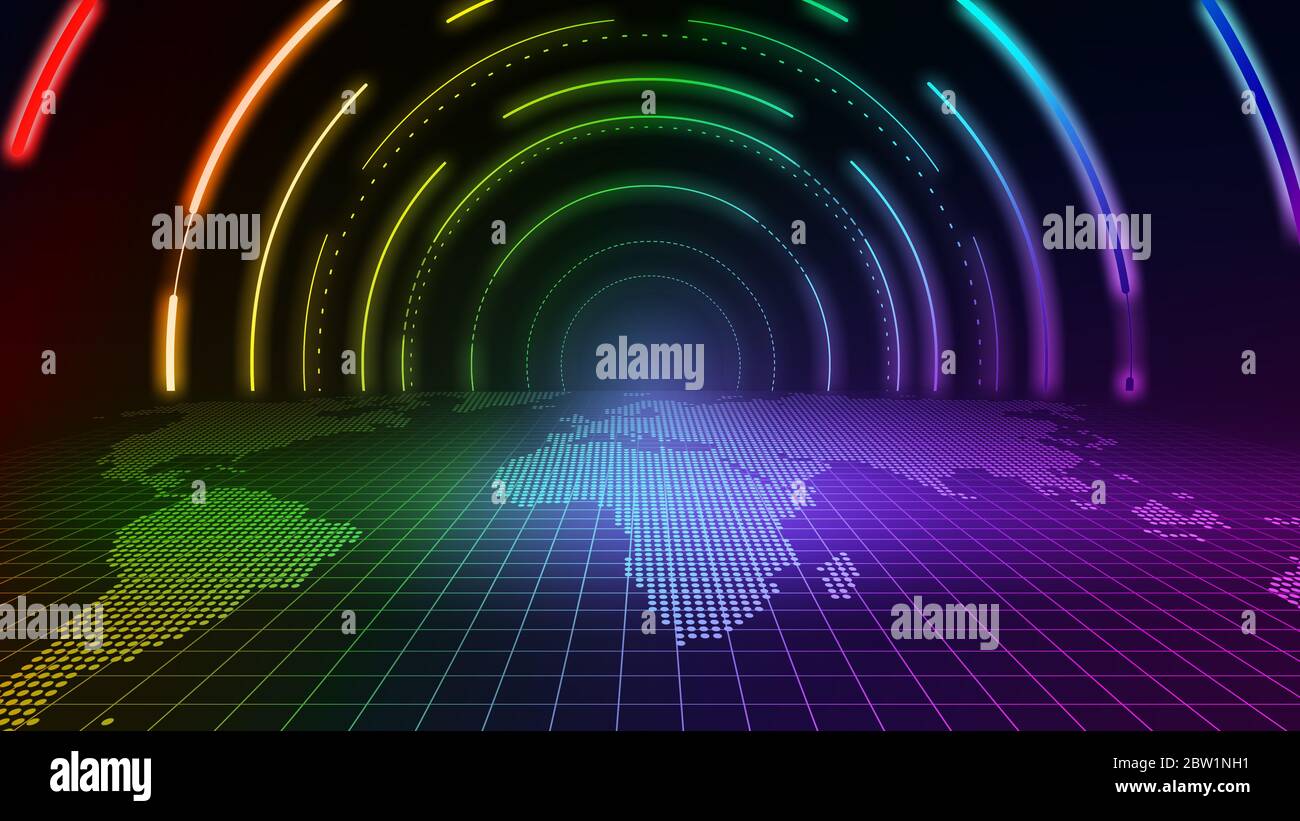 Colorful neon light world map perspective tunnel tunnel space, Internet ...