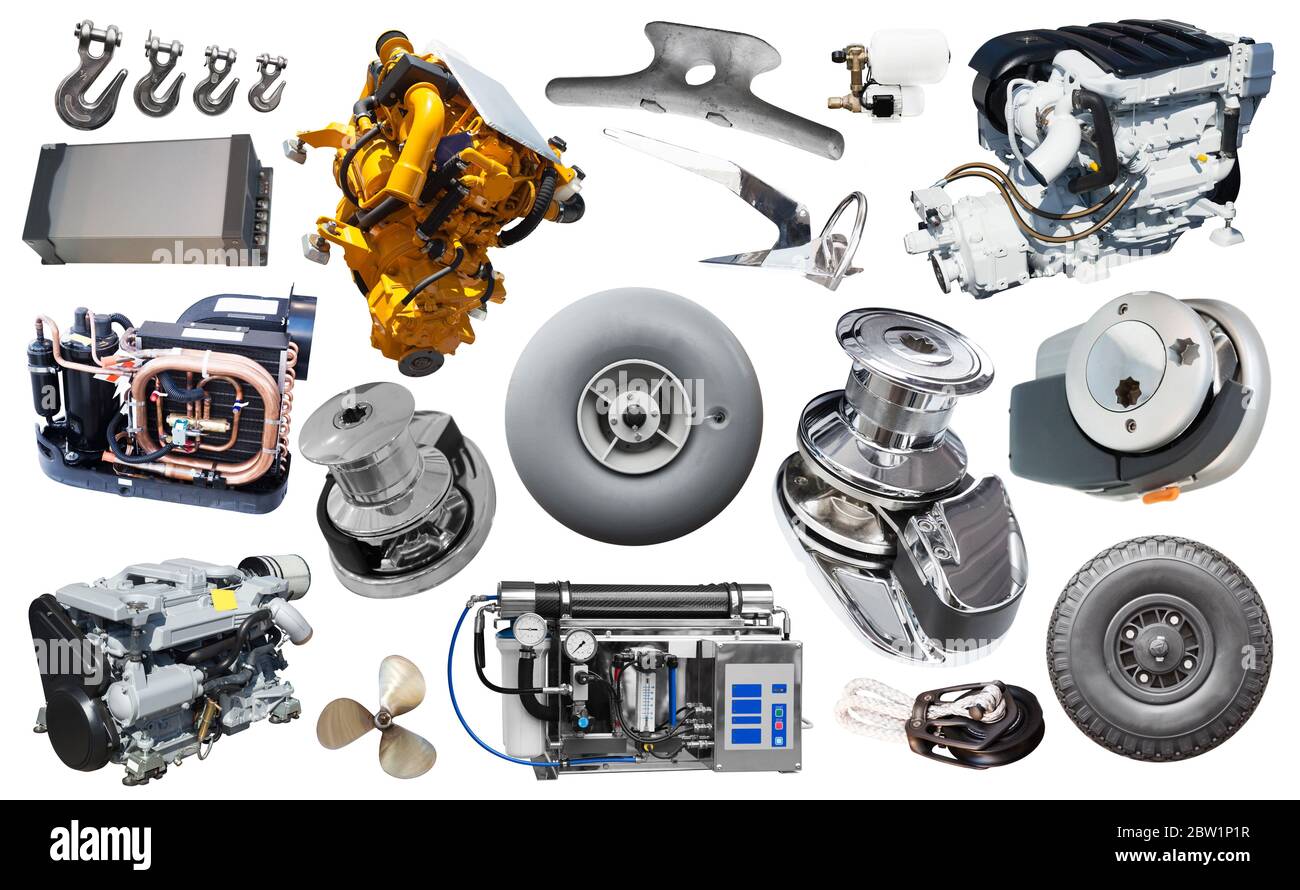 Yacht parts and supplies collage isolated at white background Stock