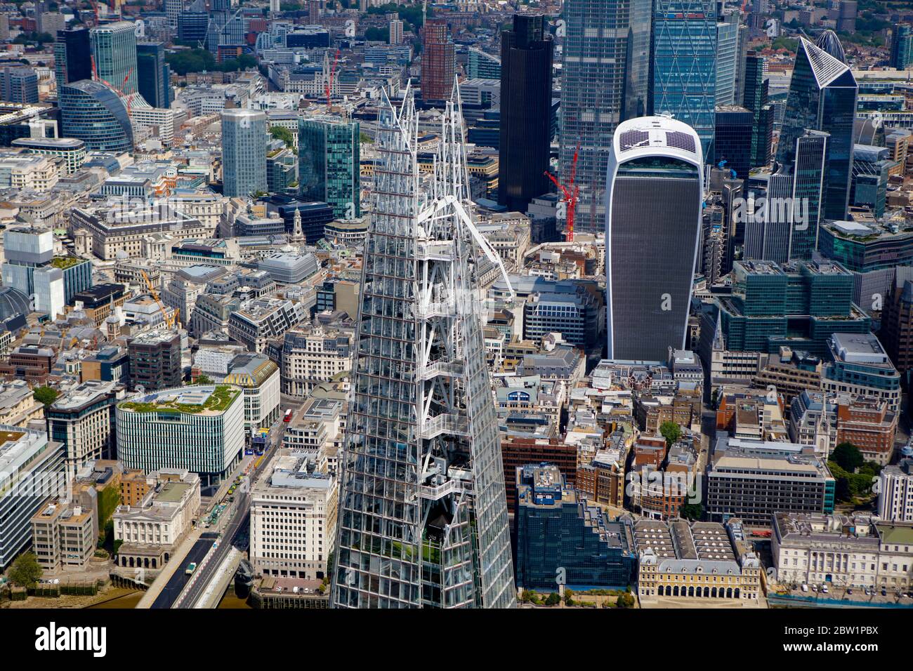 Aerial View of the Financial District in London, UK. The Shard, Sky Gardens and 22 Bishopsgate Stock Photo