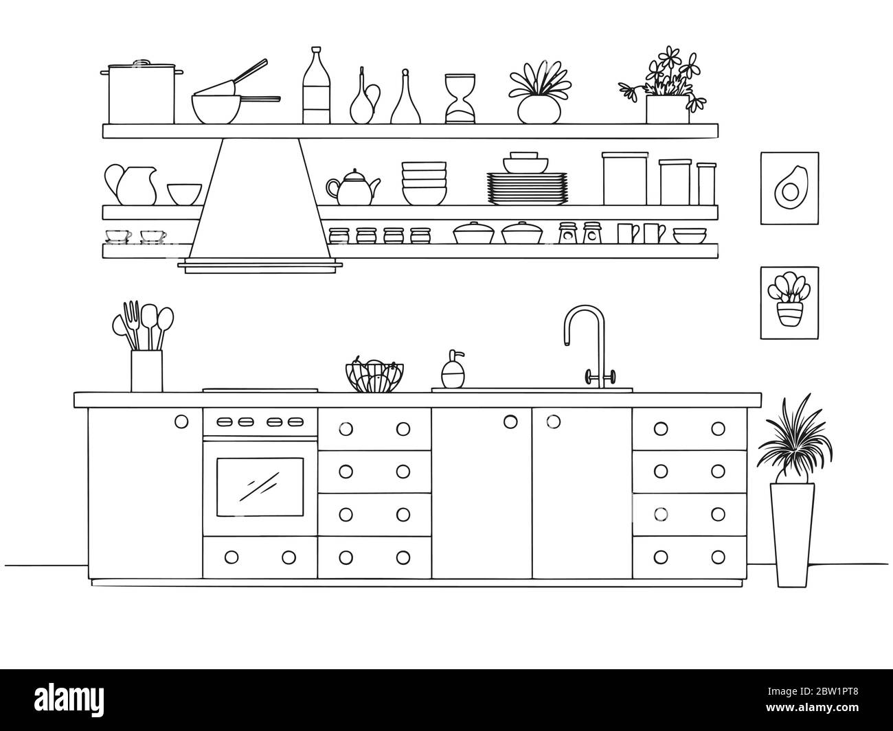 Hand drawn kitchen. Vector illustration in sketch style Stock Vector