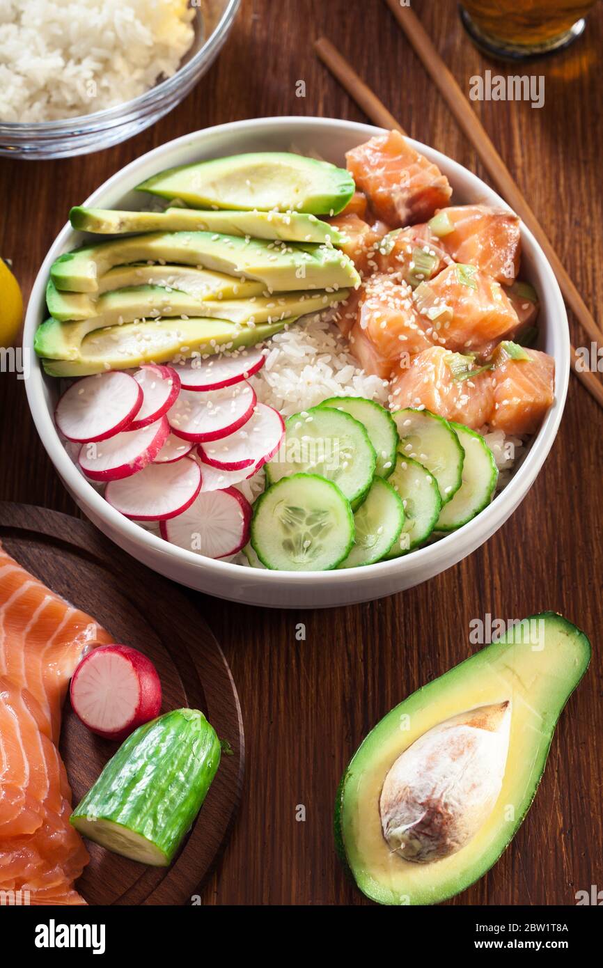Poke bowl, traditional Hawaiian raw fish salad with rice, avocado