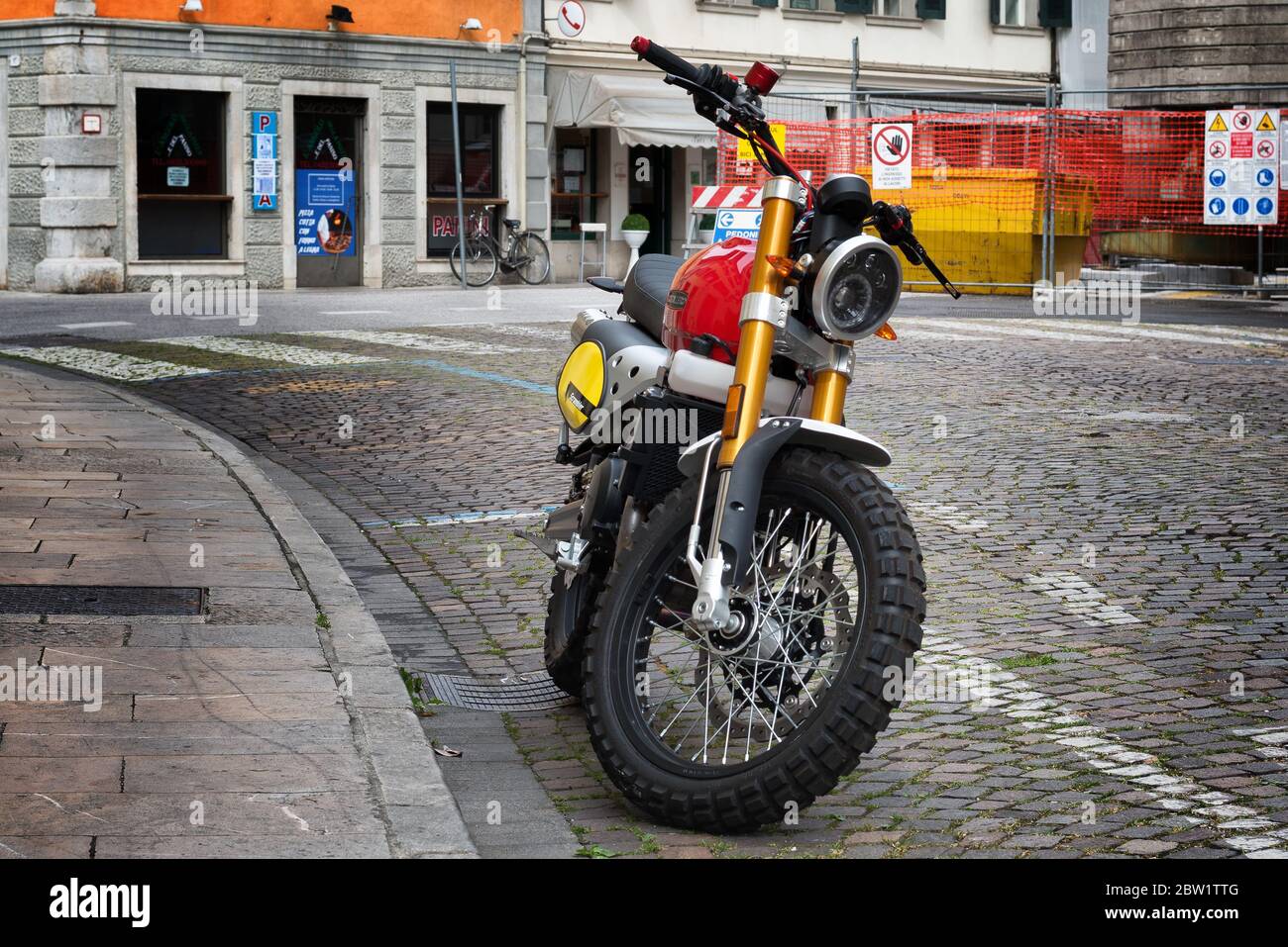 Fantic Caballero Scrambler 500 cc motorbike. Modern motorbike with a beautiful retro design. Stock Photo