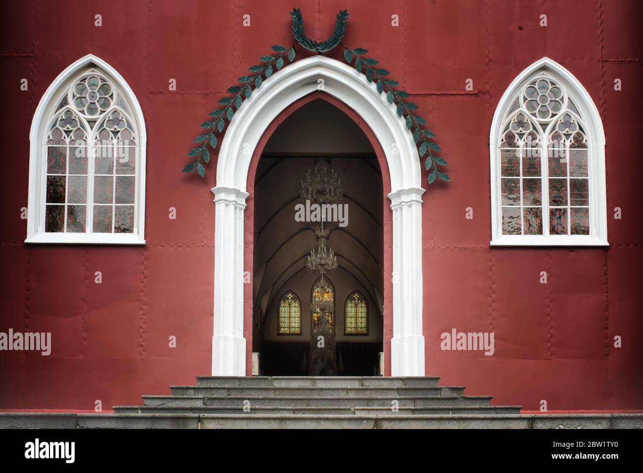 Metallic red church facade. Iglesia de Nuestra Señora de las Mercedes. Grecia, Alajuela province, Costa Rica. Stock Photo