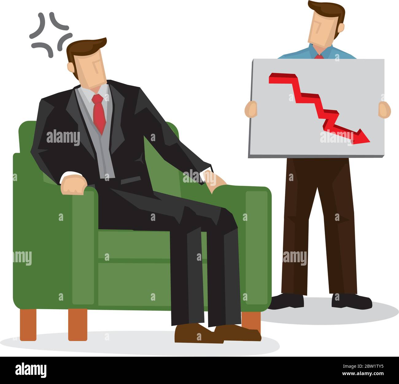Boss angry that his investment stock at a lost. Concept of recession, finance management or stock lost. Flat vector cartoon illustration. Stock Vector