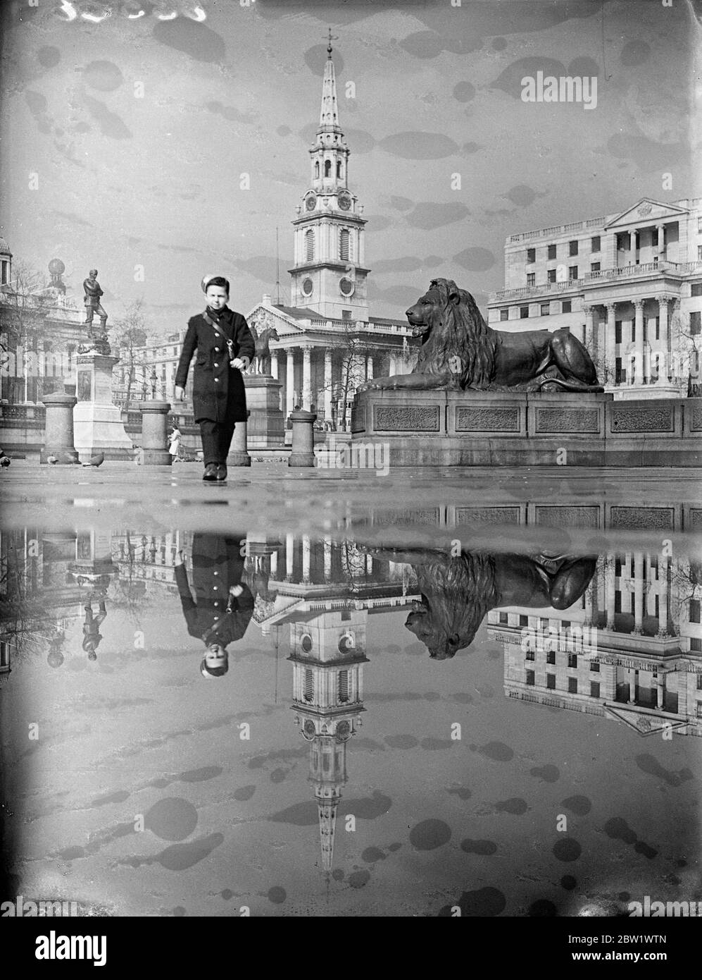 April showers make a Trafalgar Square mirror. The church of St Martin in the Fields, South Africa House and one of the Trafalgar Square Lions reflected in a pool of water after the rain. 16 April 1937 Stock Photo