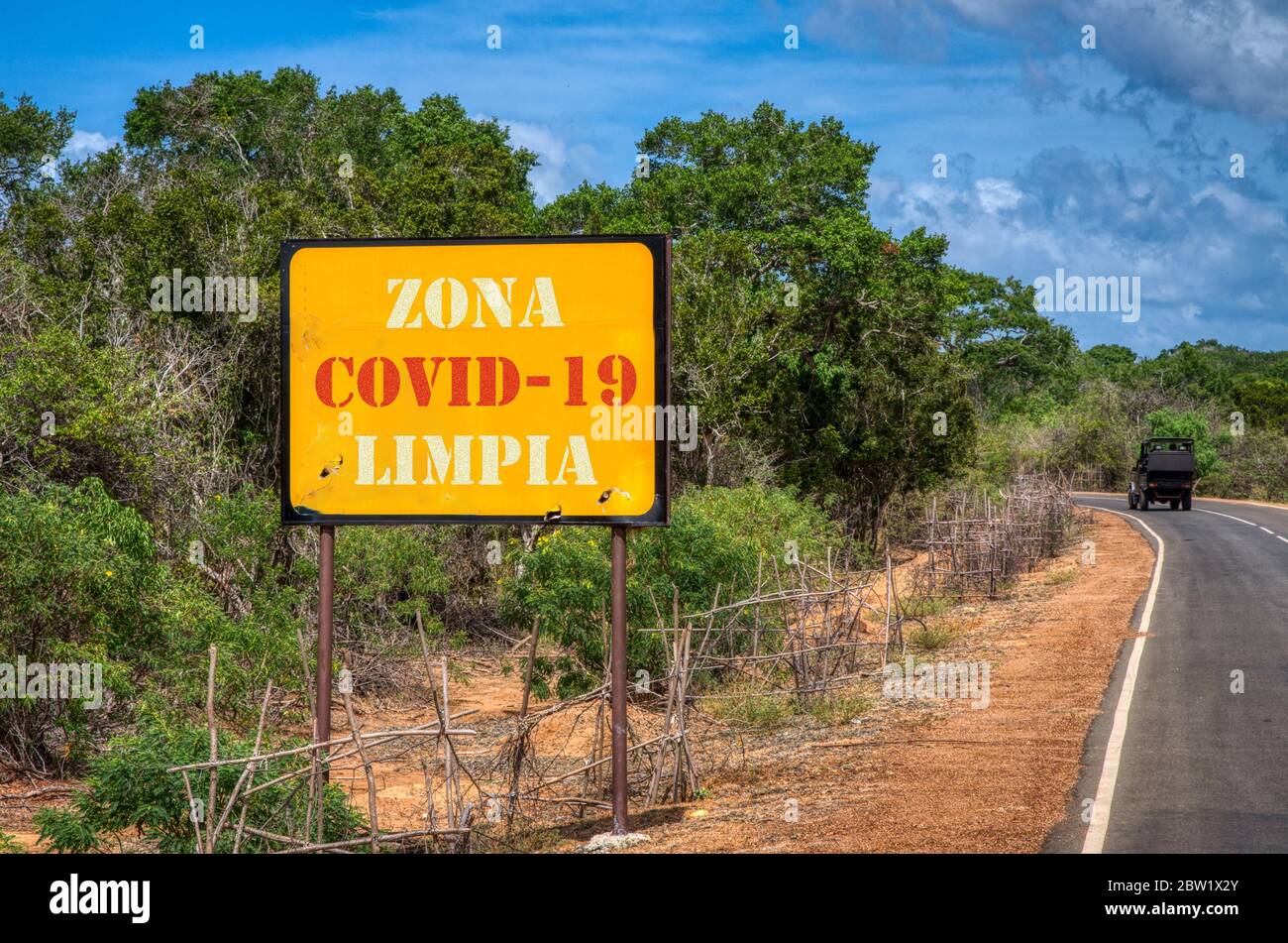 Road advertising safe zone sign from Coronavirus or Covid19 pandemic