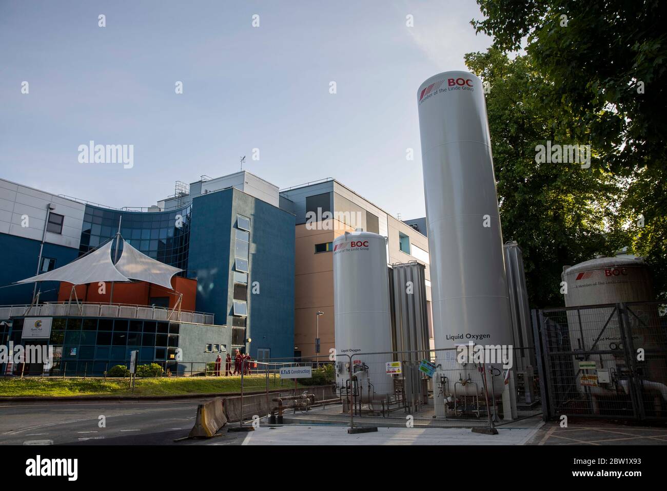 Liquid oxygen cylinders outside Noah's Ark Children's Hospital at University Hospital of Wales in Cardiff, May 2020. Stock Photo