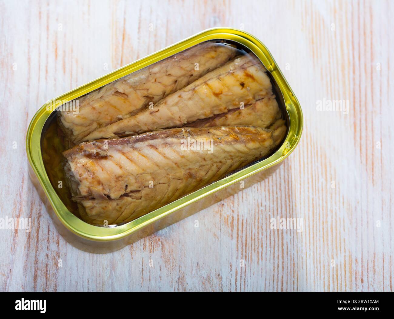 Canned mackerel fillets in olive oil seafood fish can tin hires stock