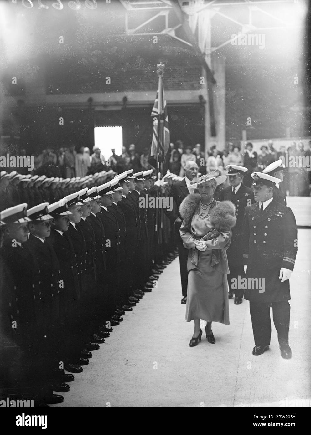 Britain's first Merchant Navy Week was opened at Southampton by Princess Alice Countess of Athlone, who signalled full speed ahead on a ship's telegraph. She inspected a guard of honour at the opening ceremony. 17 July 1937 Stock Photo