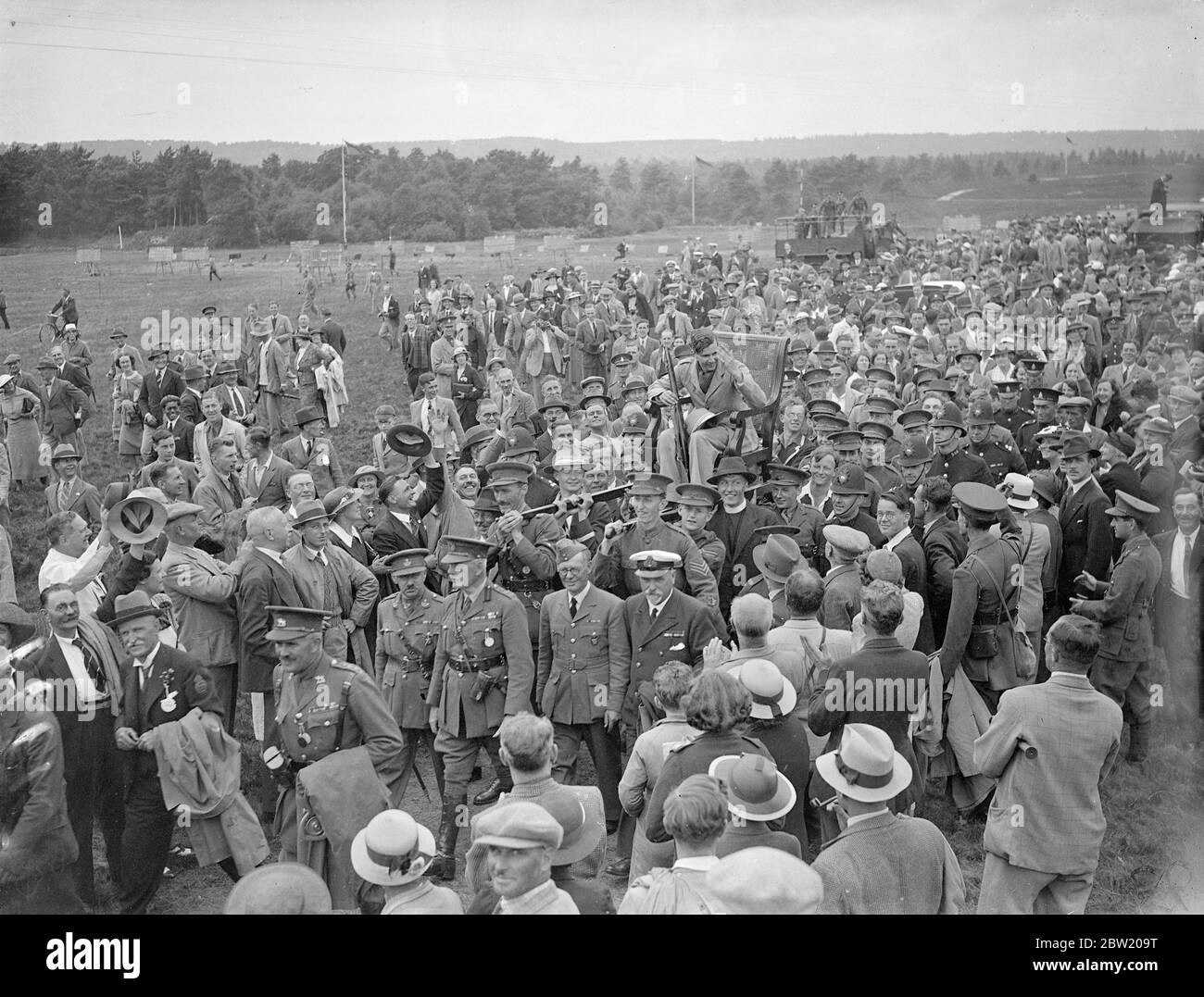 Officer-cadet D. L. Birney been chaired after his victory at Bisley where he won the King's Prize, the premier award, with an aggregate of 283 points. 17 July 1937 Stock Photo
