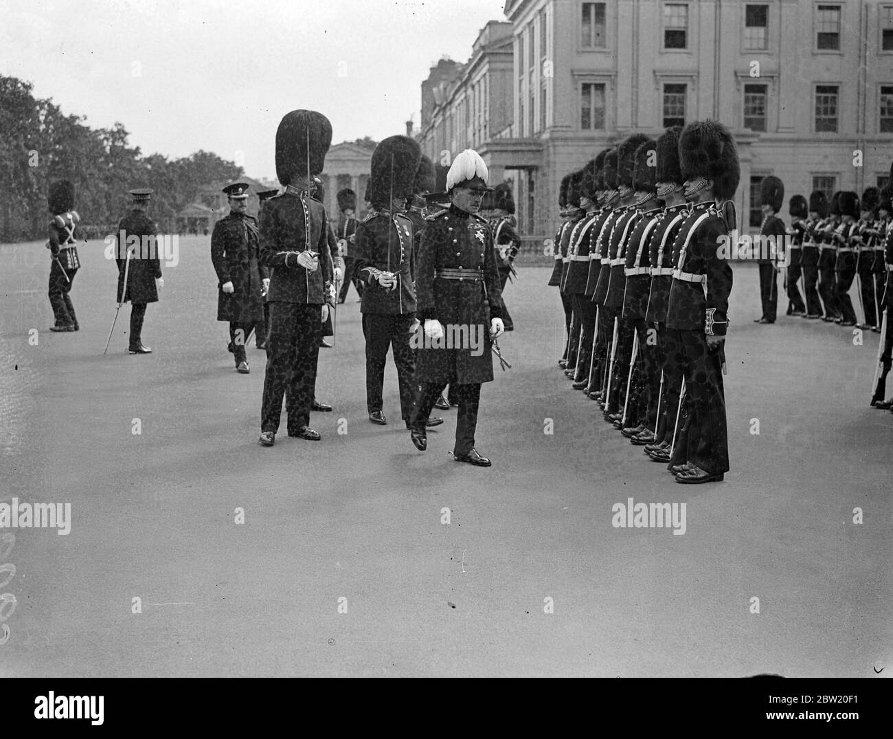 An inspection of the first Battalion Grenadier Guards was carried out at Wellington Barracks by Major General B. N. Sergison-Brooke, General Officer Commanding, London District. 29 June 1937 Stock Photo