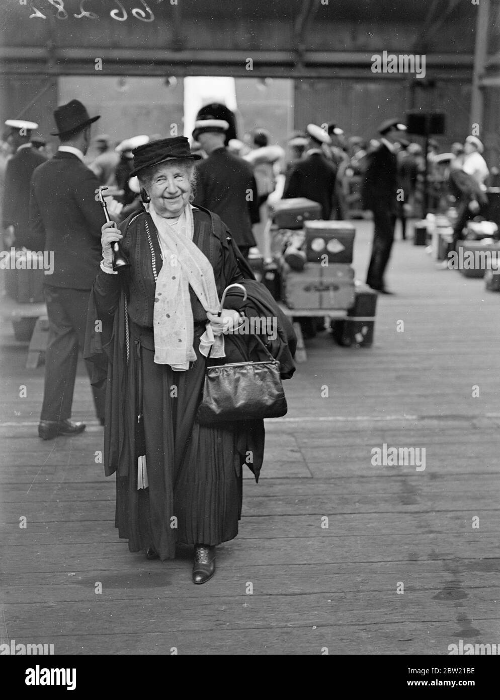 Mrs William Folk arrived at Southampton aboard the Aquitania after making her 106th Atlantic crossing. 6 July 1937 Stock Photo