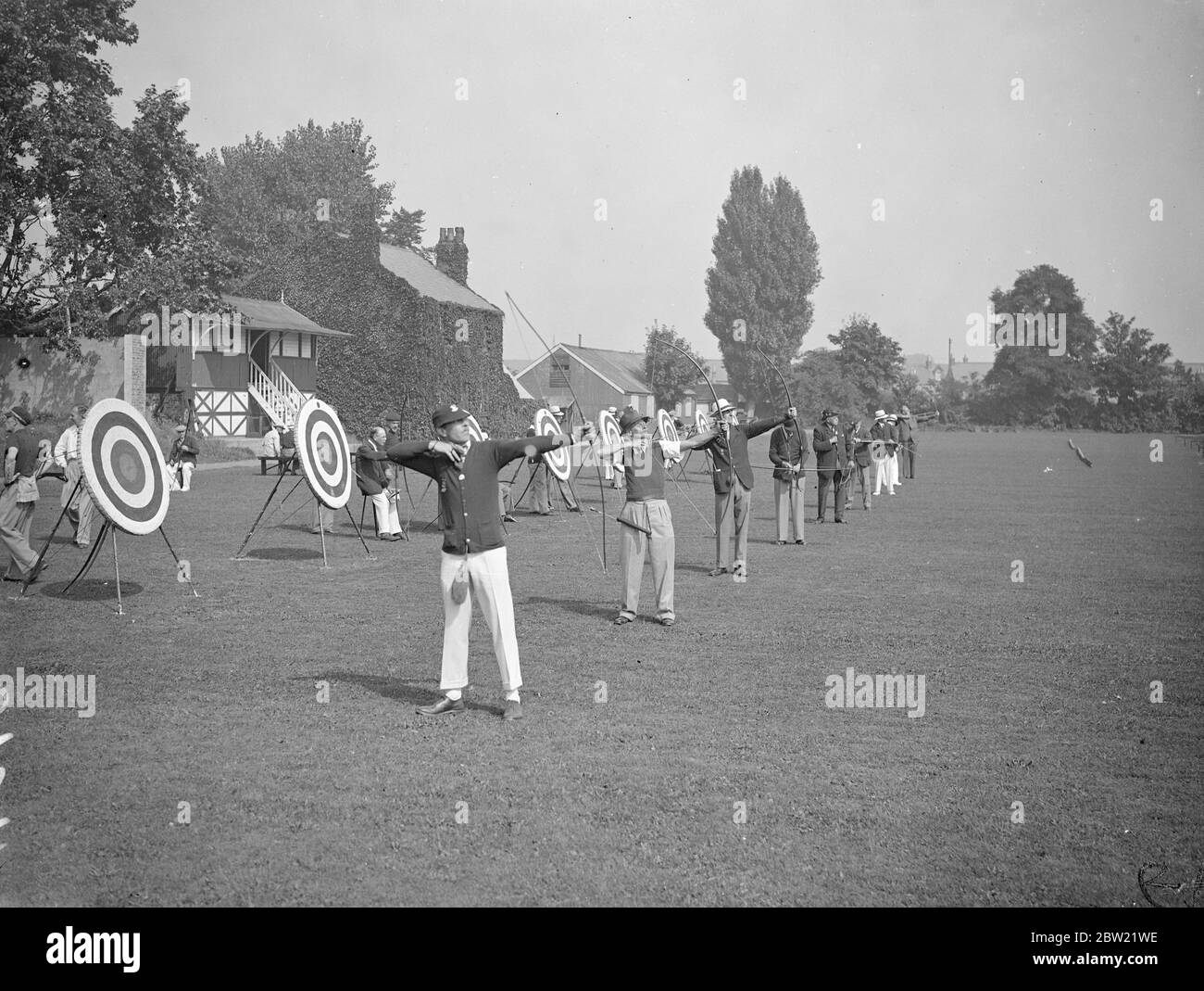 That archery is returning to popularity is indicated by the record number of entries in the Southern Counties Championships which has opened at the Imperial Services College, Windsor. 31 August 1937 Stock Photo