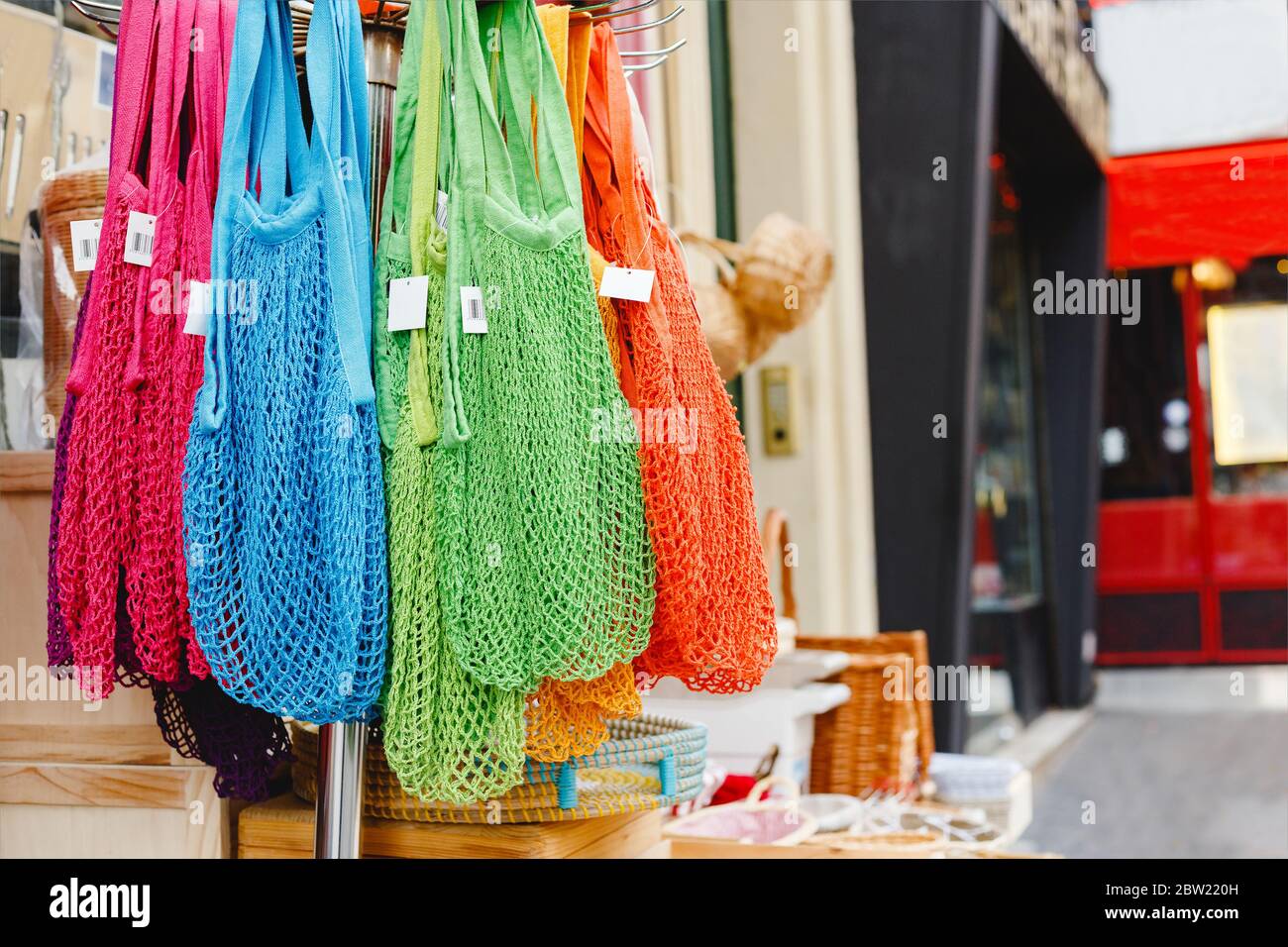 String bags. Store with many different colors string bags, basket. No