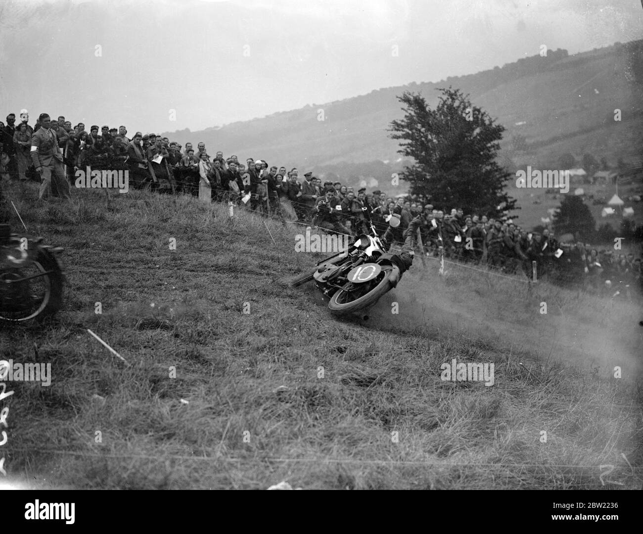 Waldon Hill climb. Rider comes down on his machine 12 September 1937