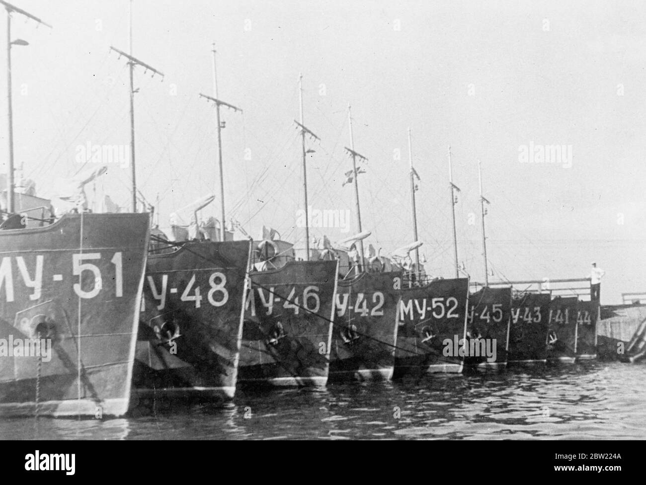 Training ships of the Leningrad military Marine school, Russia is pushing ahead with her training the naval recruits. These youths picked from factories of the Soviet Union, are put through an intense course on Soviet warships in the Baltic. Many of them will be needed to man the battleships. With a critical international situation prevailing on her far eastern seaboard and Germany aiming the control of the Baltic. 12 September 1937 Stock Photo
