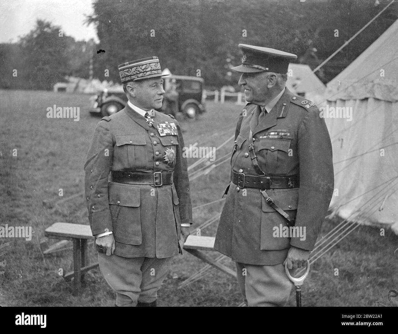 General Gamelin (left) and field Marshal Sir Cyril Deveral Chief of the Imperial general staff at the military headquarters at Audley end. Overseeing the divisional army exercises which are in progress in East Anglia the Imperial general staff will return his visit and attend the French army manoeuvres shortly. 9 September 1937 Stock Photo