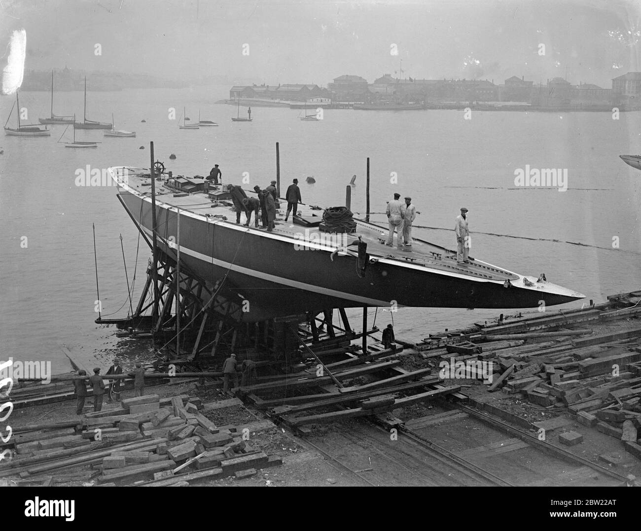 Endeavour II Mr T.O.M Sopwith's unsuccessful challenger for the America's Cup was laid up for the winter at Gosport, Hampshire. After making the return voyage across the Atlantic. 7 October 1937. Stock Photo