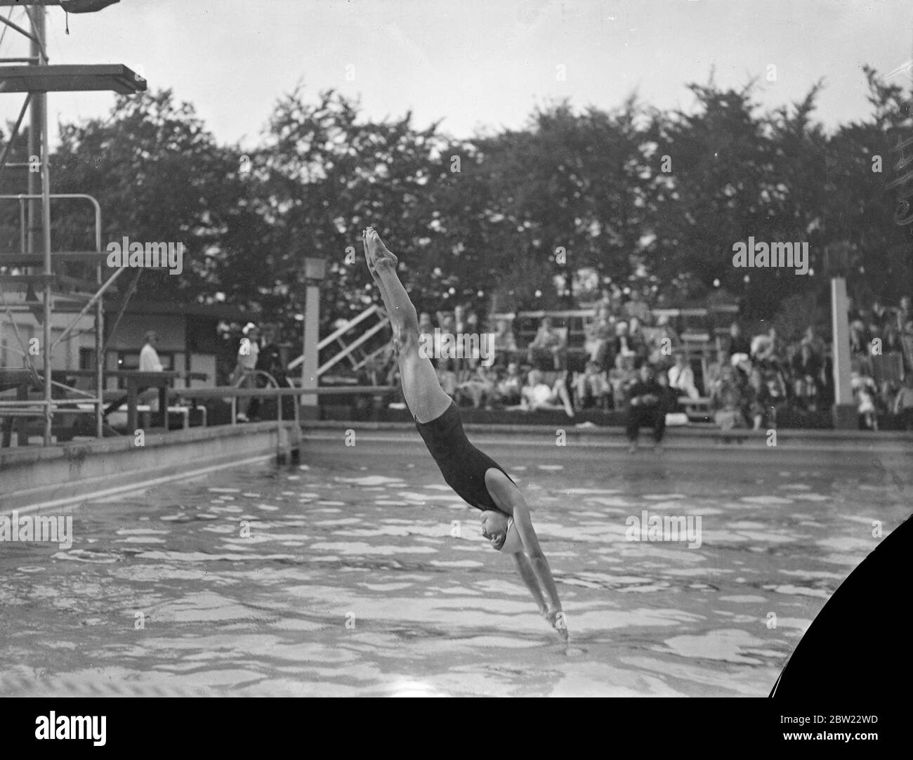 Head tucked wall in to make her body an unbrocken line, T. Cannell enters the water in a perfect dive at the Kingfishers' pool, at Woodford, Essex. 19 September 1937. Stock Photo