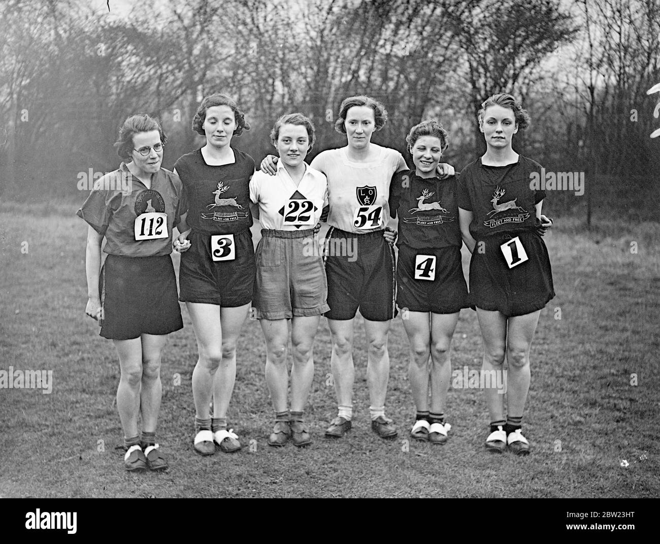 First six in women's national cross country to represent England in an International Event. Six girls who occupy the first six places in the 12th annual National Cross-Country Championship for women at Luton, Bedfordshire, will represent England in an international race against France and Belgium in Lille on 12 March. Photo shows, the six girls after the cross-country, left to right M Armstrong (West Bromwich Harriers), second, D Harris (Birchfield Harriers), sixth, Evelyn Foster (Civil Service), the winner ,Lily Styles (London Olympiads) third, M Clark (Birchfield Harriers), fourth, D Frankli Stock Photo
