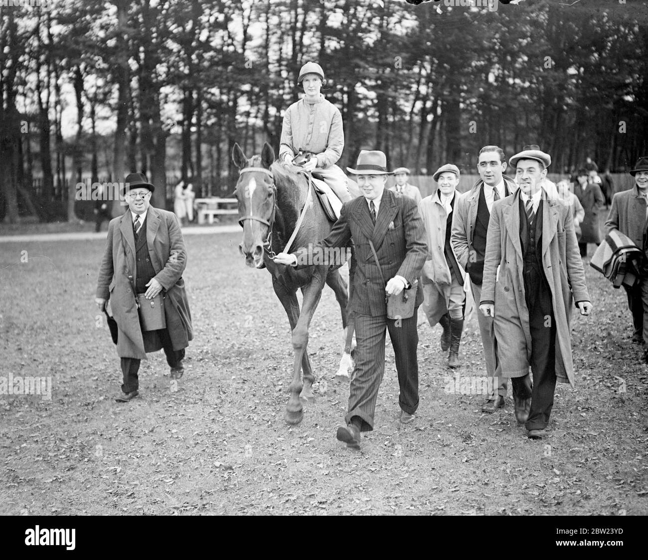 Winner of Britain's only race for women jockeys. Mrs S Langley, daughter of the Newmarket trainer, Walter Earl, one the Newmarket Town Plate, Britain's only race for women jockeys on Mr N E Dixons 'Lucky Patch' at Newmarket. The race, centuries old, is run over 4 miles and is a stern test of stamina for riders and horses. 13 October 1938 Stock Photo